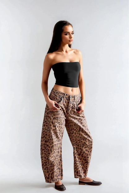 Barrel Jeans with Leopard Pattern